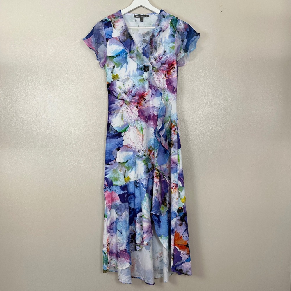 Kate & Mallory Women's XS Maxi Dress Blue Floral Ruffle Faux Wrap Spring Wedding
